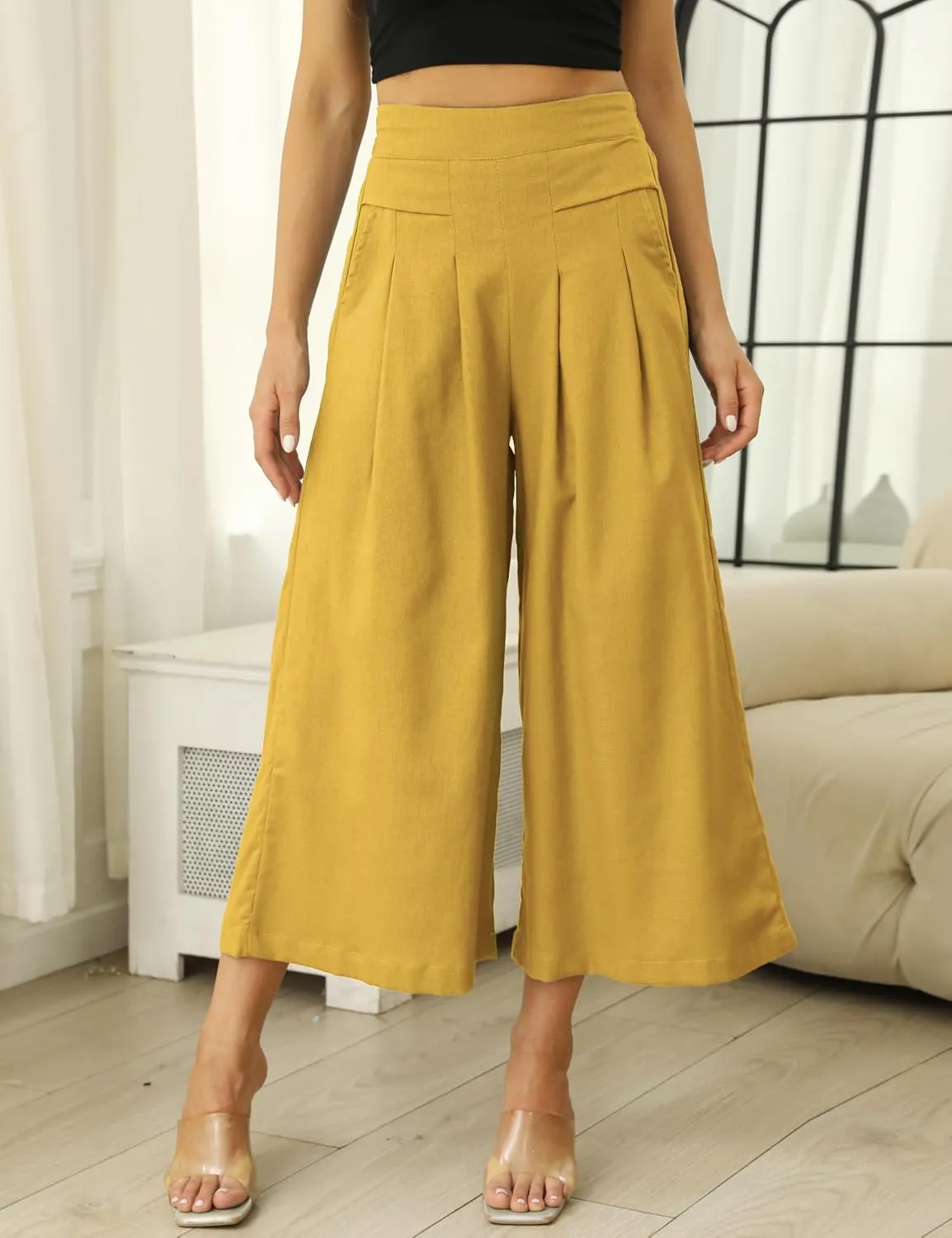 SCUSTY Linen Pants for Women Culottes Capris Wide Leg Palazzo Boho Pants Trousers