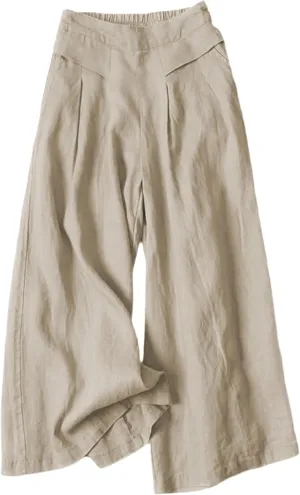 SCUSTY Linen Pants for Women Culottes Capris Wide Leg Palazzo Boho Pants Trousers