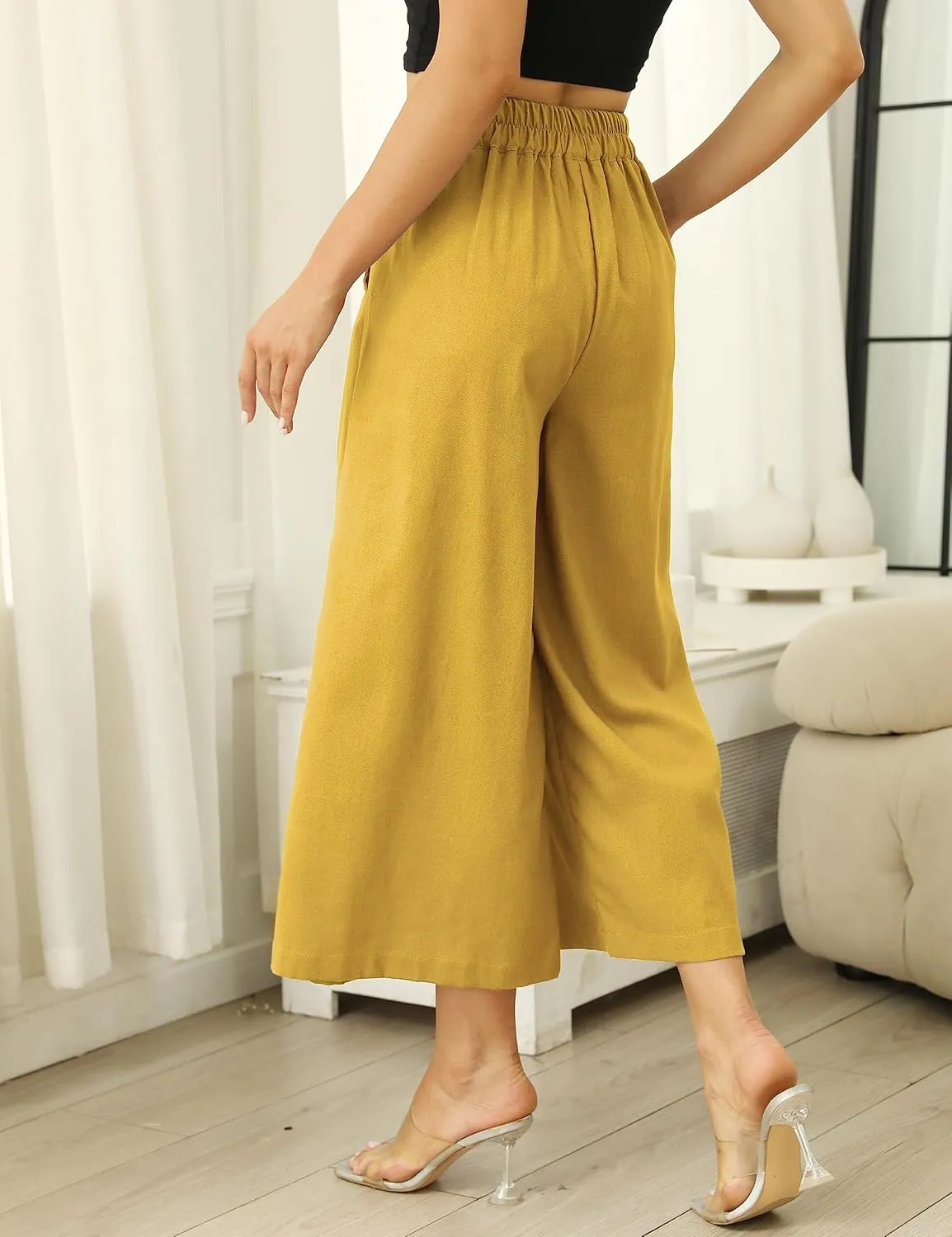 SCUSTY Linen Pants for Women Culottes Capris Wide Leg Palazzo Boho Pants Trousers
