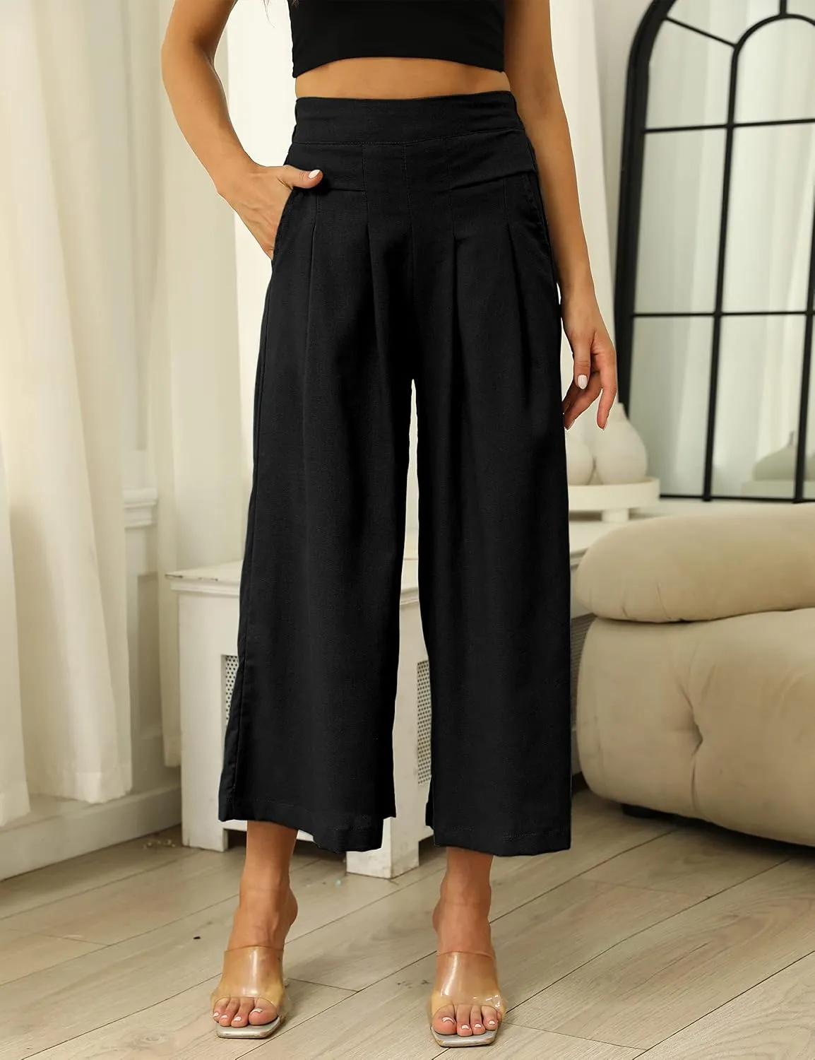 SCUSTY Linen Pants for Women Culottes Capris Wide Leg Palazzo Boho Pants Trousers