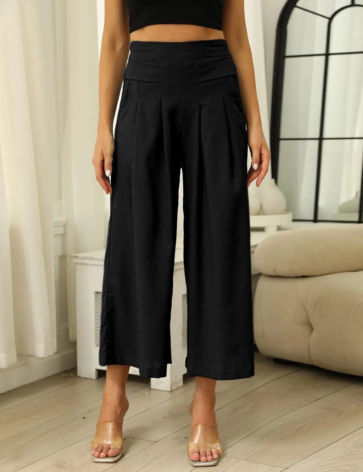 SCUSTY Linen Pants for Women Culottes Capris Wide Leg Palazzo Boho Pants Trousers