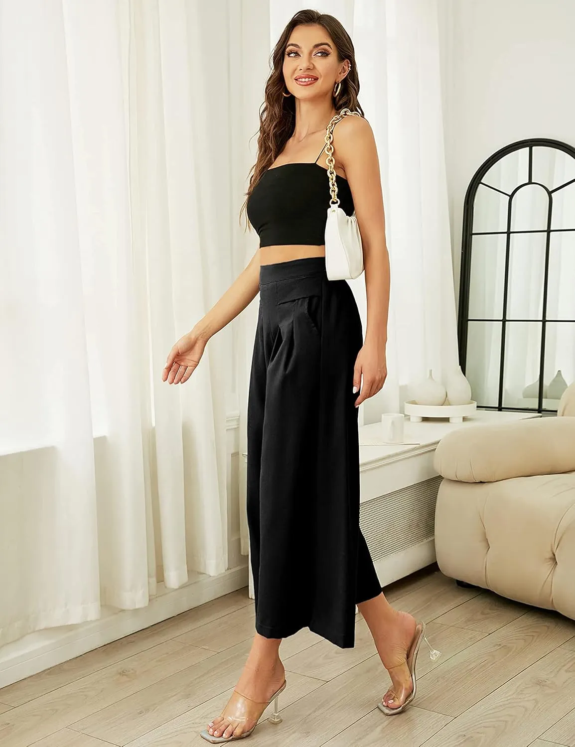 SCUSTY Linen Pants for Women Culottes Capris Wide Leg Palazzo Boho Pants Trousers