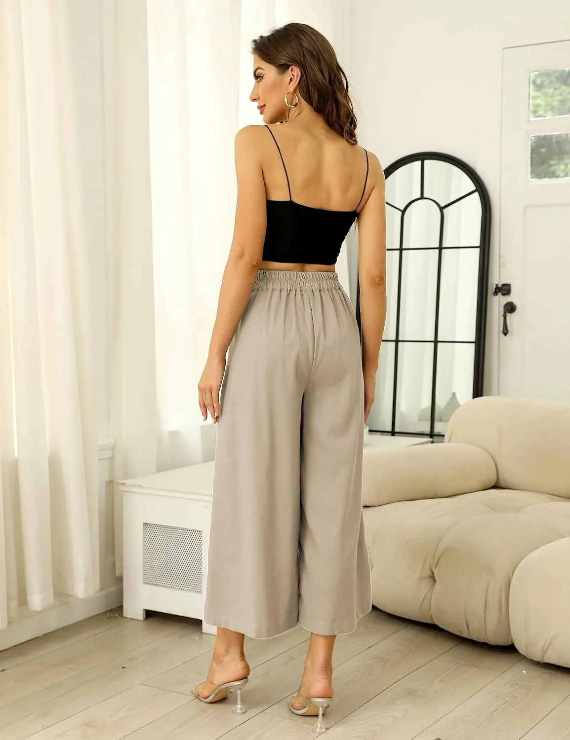 SCUSTY Linen Pants for Women Culottes Capris Wide Leg Palazzo Boho Pants Trousers