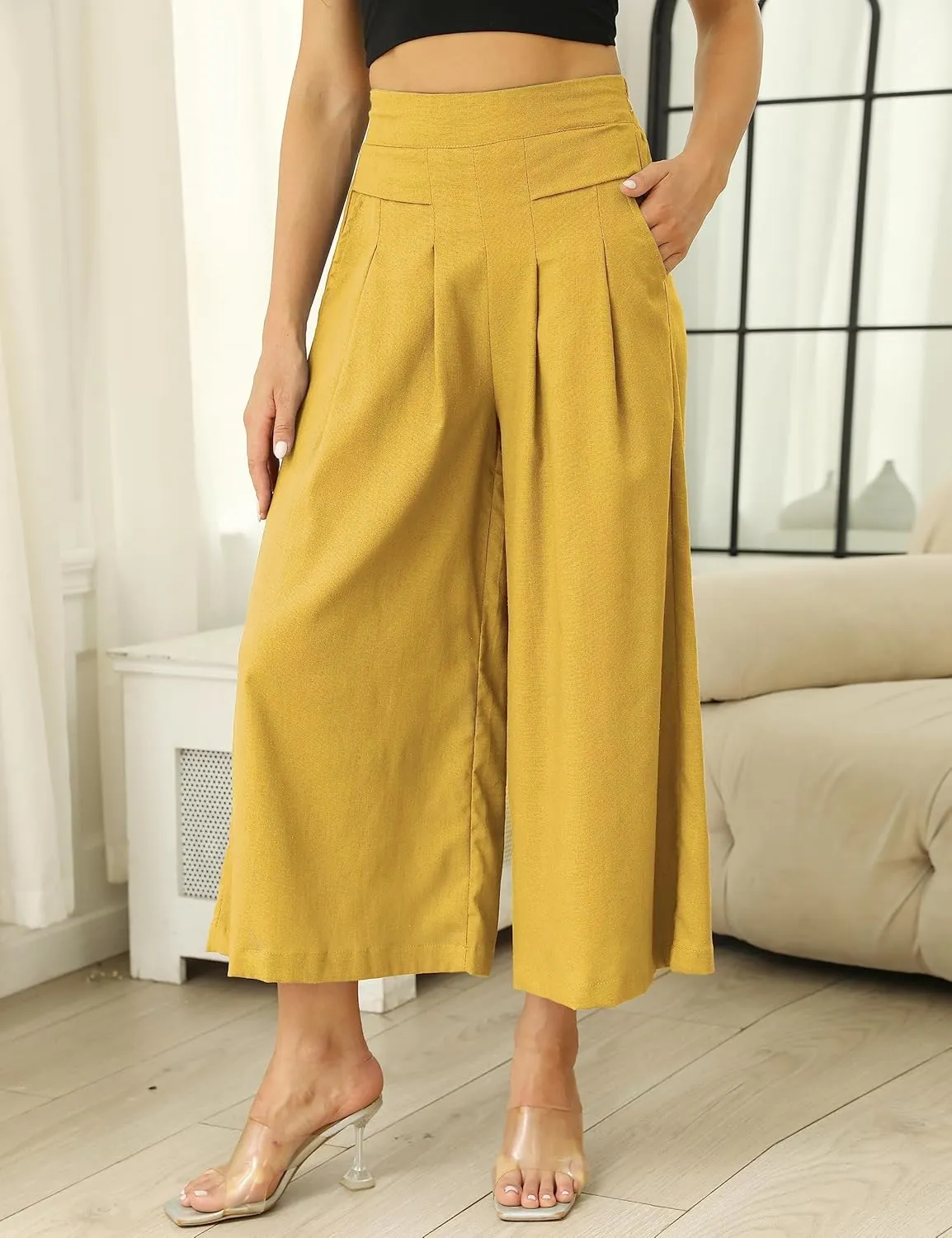 SCUSTY Linen Pants for Women Culottes Capris Wide Leg Palazzo Boho Pants Trousers