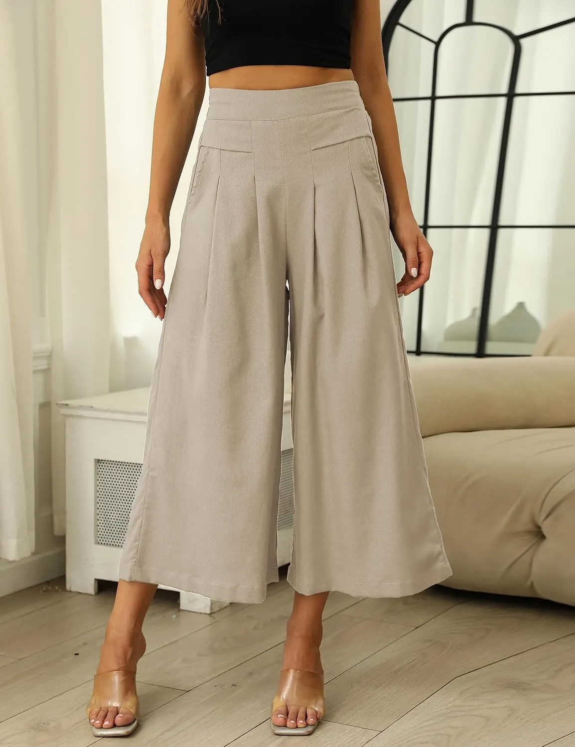 SCUSTY Linen Pants for Women Culottes Capris Wide Leg Palazzo Boho Pants Trousers