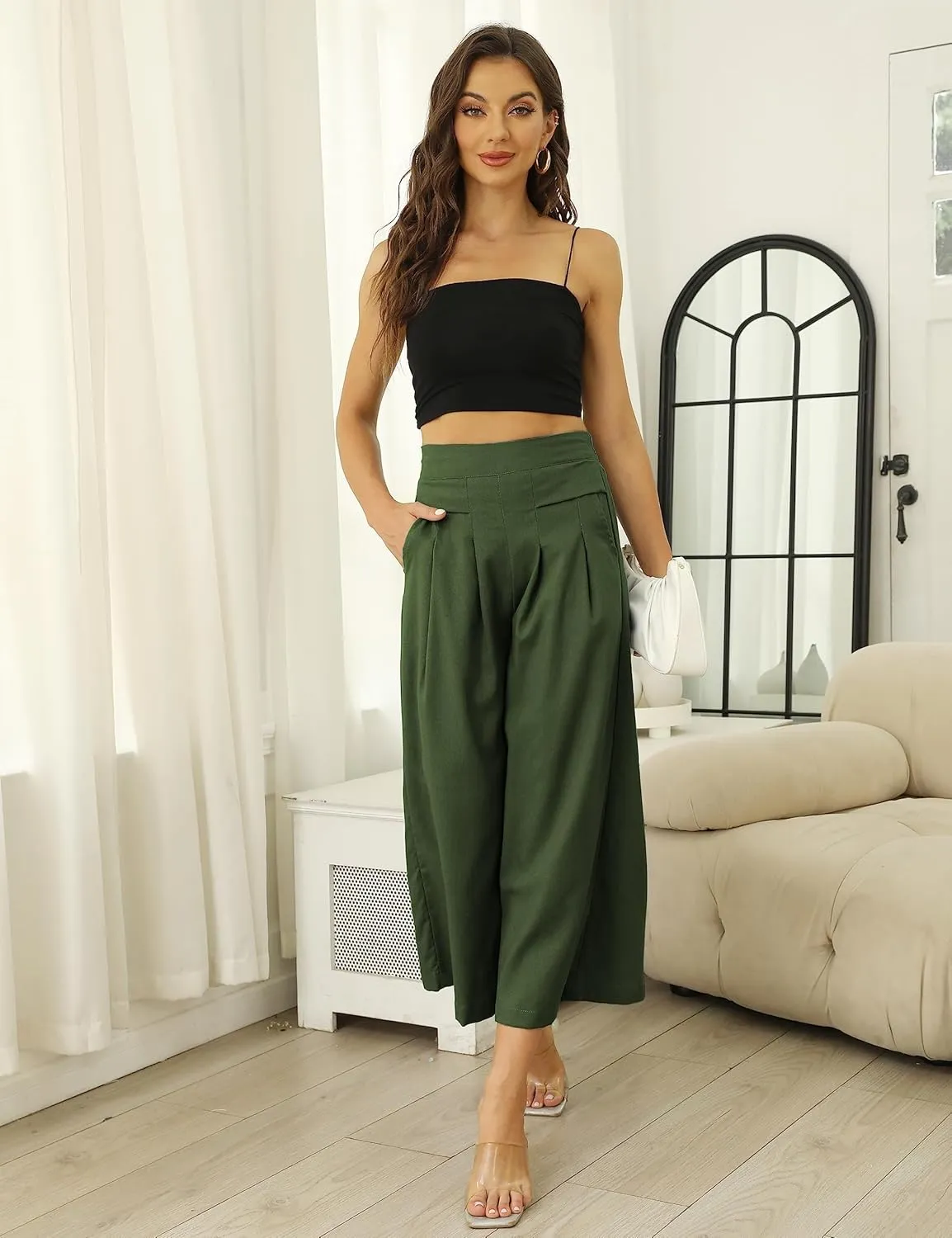 SCUSTY Linen Pants for Women Culottes Capris Wide Leg Palazzo Boho Pants Trousers