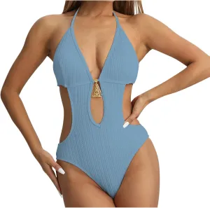Sexy Cutout One Piece Swimsuit for Women Halter Backless Monokini Bathing Suit High Cut Thongs 1 Piece Swimwear