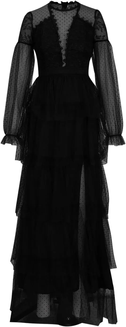 Sheer Mesh Polka Dot Lace Dress for Women - Lantern Long Sleeve High Waist Maxi Side Slit Flowy Tiered Tulle Gown