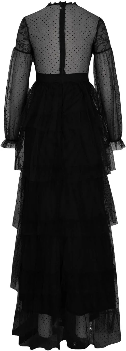 Sheer Mesh Polka Dot Lace Dress for Women - Lantern Long Sleeve High Waist Maxi Side Slit Flowy Tiered Tulle Gown
