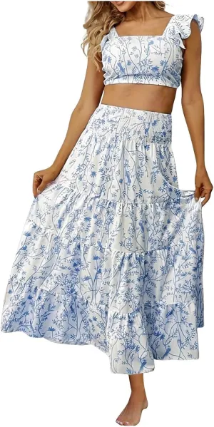 Skirts Sets Women 2 Piece Summer Vacation Outfits Floral Ruffle Crop Tank Top High Waist Tiered Maxi Skirt Matching Set