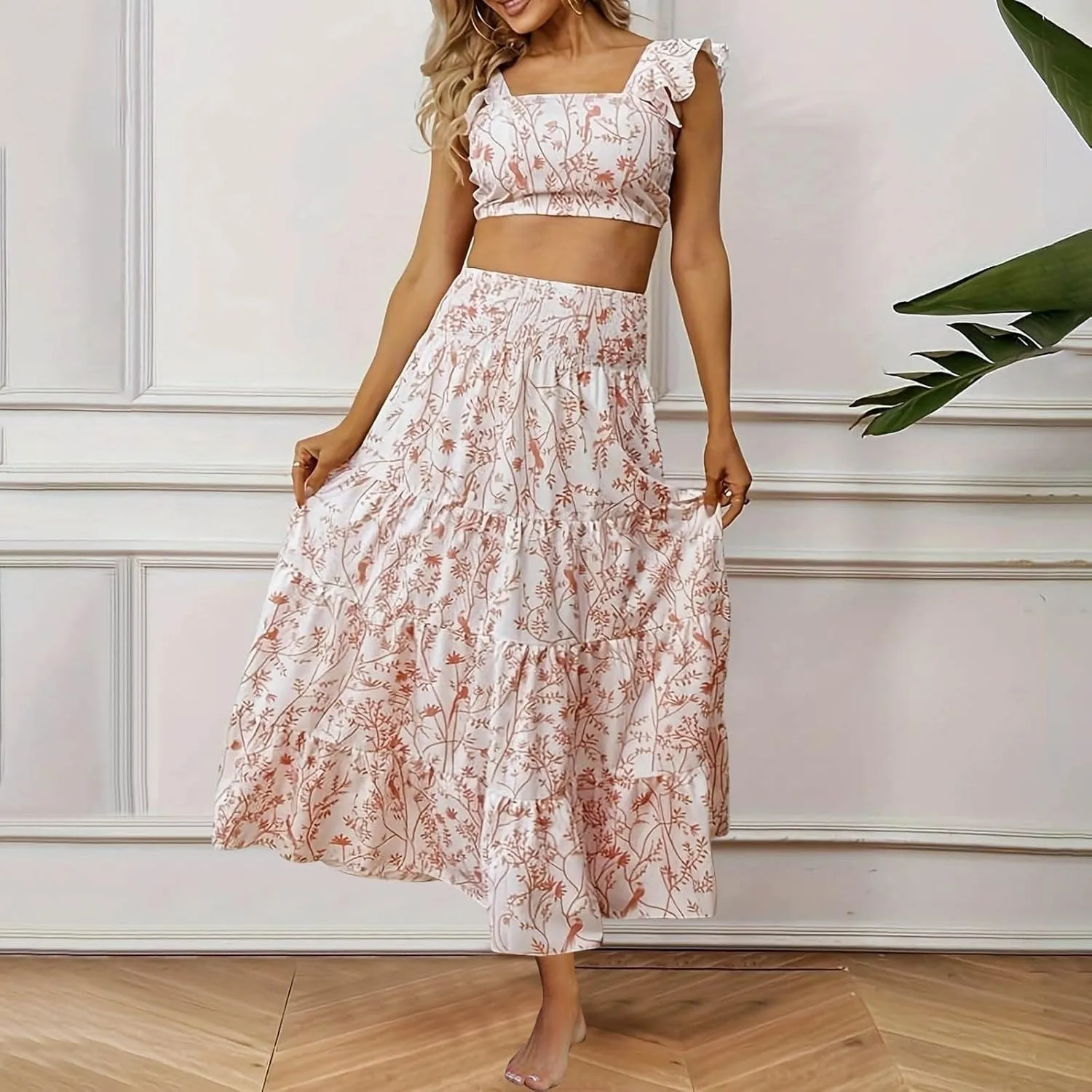Skirts Sets Women 2 Piece Summer Vacation Outfits Floral Ruffle Crop Tank Top High Waist Tiered Maxi Skirt Matching Set