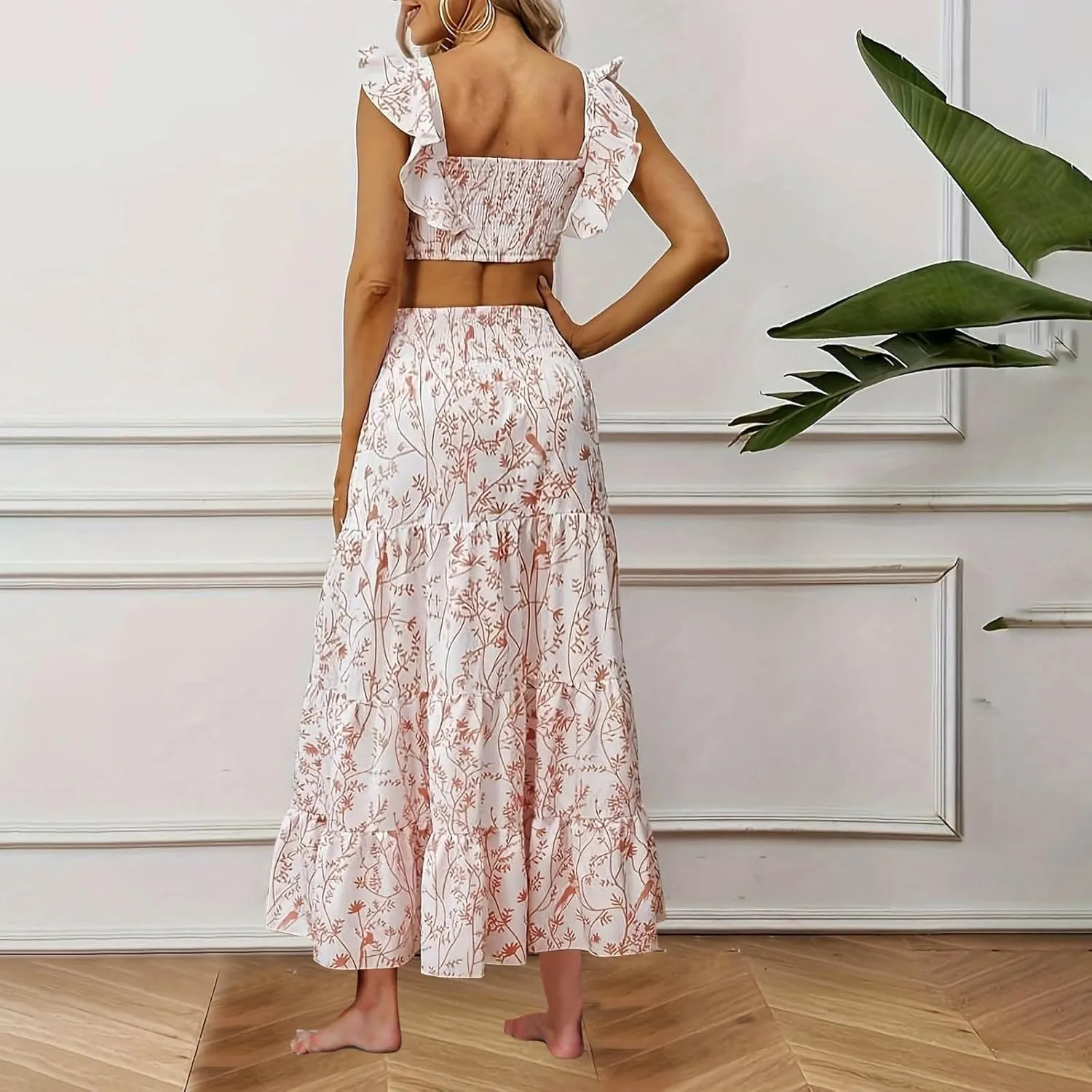 Skirts Sets Women 2 Piece Summer Vacation Outfits Floral Ruffle Crop Tank Top High Waist Tiered Maxi Skirt Matching Set