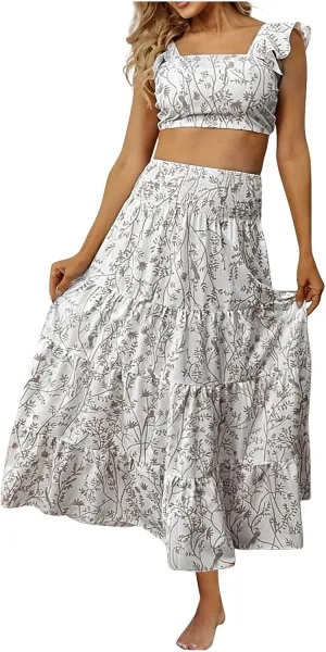 Skirts Sets Women 2 Piece Summer Vacation Outfits Floral Ruffle Crop Tank Top High Waist Tiered Maxi Skirt Matching Set