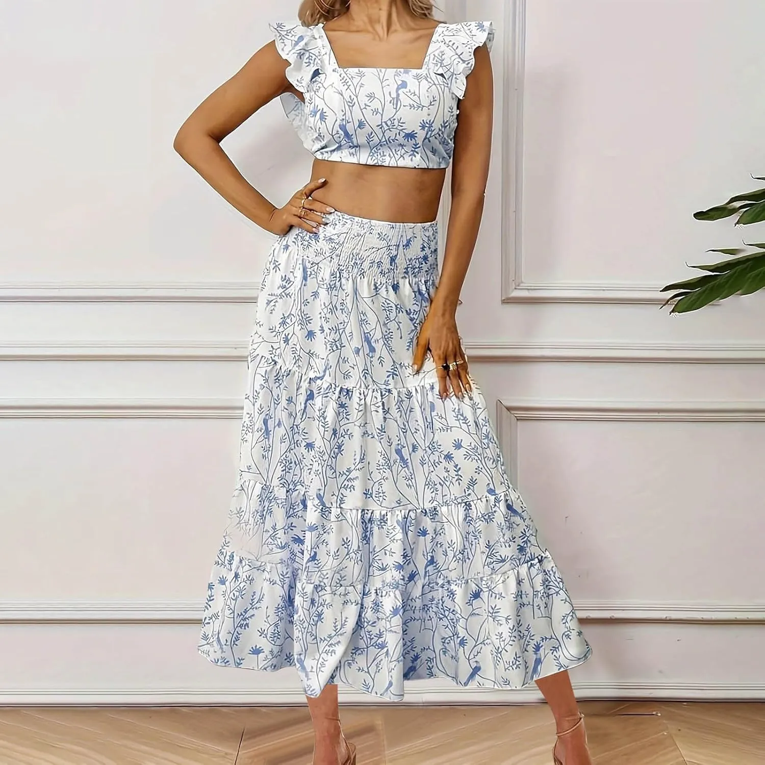 Skirts Sets Women 2 Piece Summer Vacation Outfits Floral Ruffle Crop Tank Top High Waist Tiered Maxi Skirt Matching Set