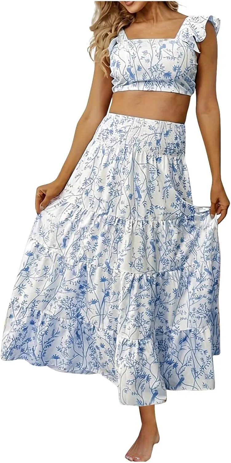 Skirts Sets Women 2 Piece Summer Vacation Outfits Floral Ruffle Crop Tank Top High Waist Tiered Maxi Skirt Matching Set