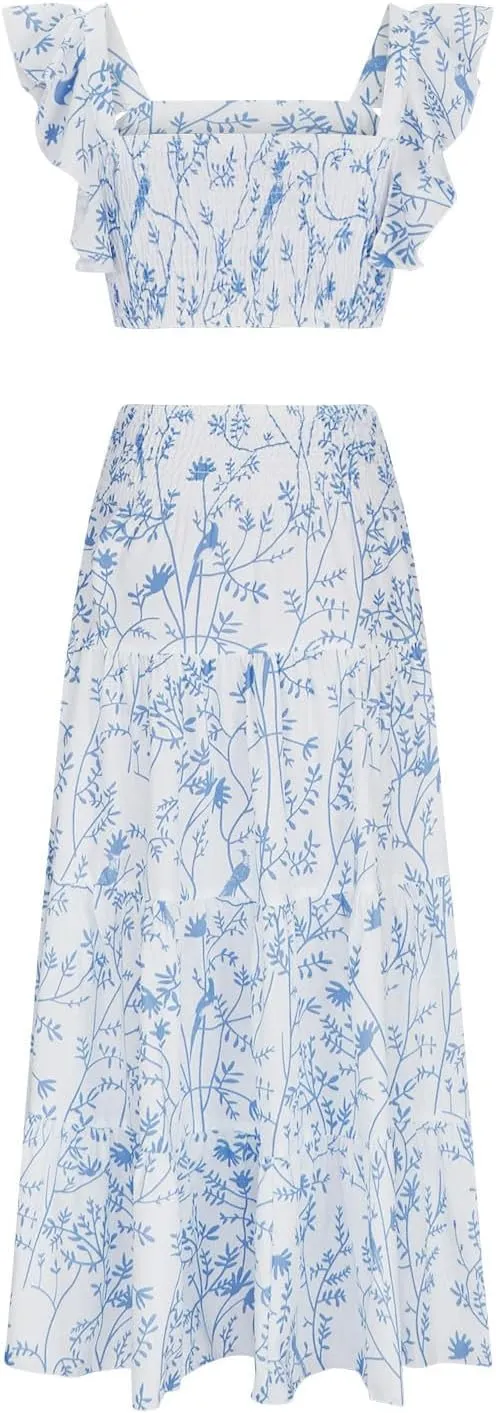Skirts Sets Women 2 Piece Summer Vacation Outfits Floral Ruffle Crop Tank Top High Waist Tiered Maxi Skirt Matching Set