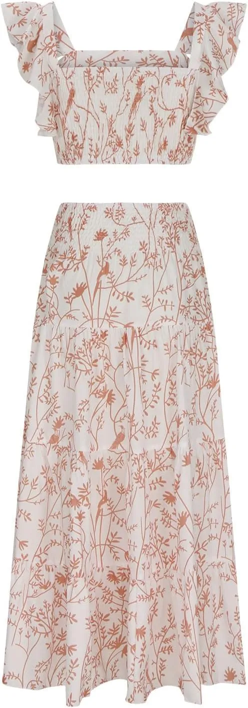 Skirts Sets Women 2 Piece Summer Vacation Outfits Floral Ruffle Crop Tank Top High Waist Tiered Maxi Skirt Matching Set