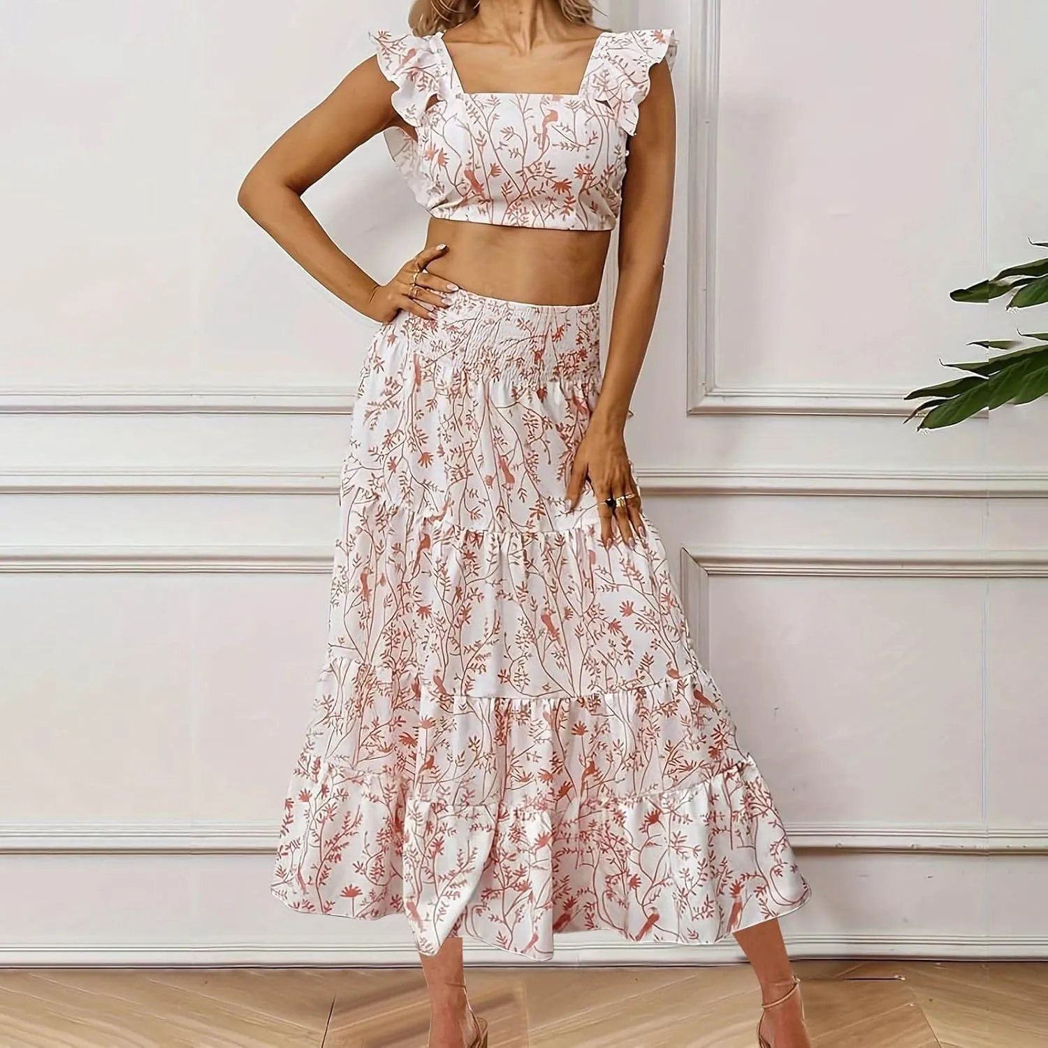 Skirts Sets Women 2 Piece Summer Vacation Outfits Floral Ruffle Crop Tank Top High Waist Tiered Maxi Skirt Matching Set