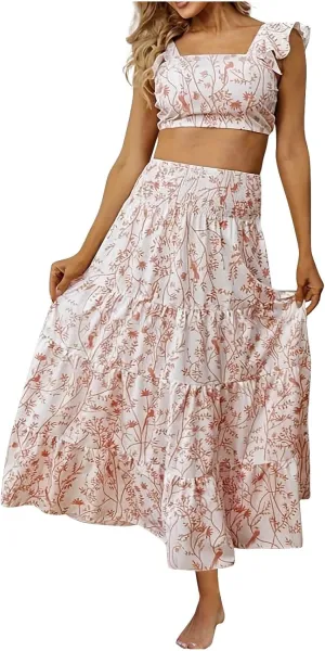 Skirts Sets Women 2 Piece Summer Vacation Outfits Floral Ruffle Crop Tank Top High Waist Tiered Maxi Skirt Matching Set