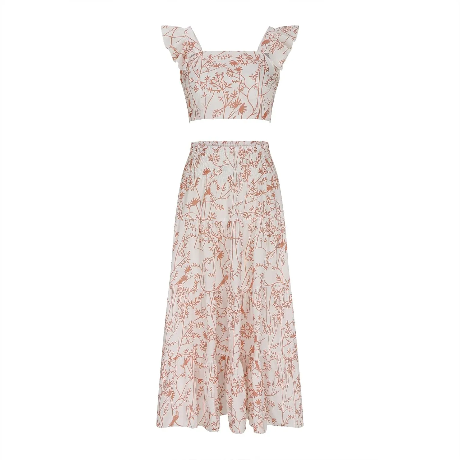 Skirts Sets Women 2 Piece Summer Vacation Outfits Floral Ruffle Crop Tank Top High Waist Tiered Maxi Skirt Matching Set