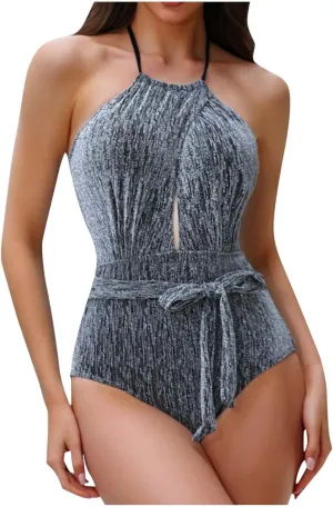 Slimming Swimsuits for Women Halter One Piece Bathing Suits Backless Casual Keyhole Tie Knot Tummy Control Swimwear