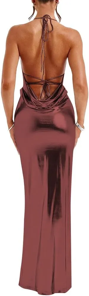 Slip Halter Maxi Dress Wrap HIPS Bodycon Ankle-Length Sleeveless Dress Shiny Metallic