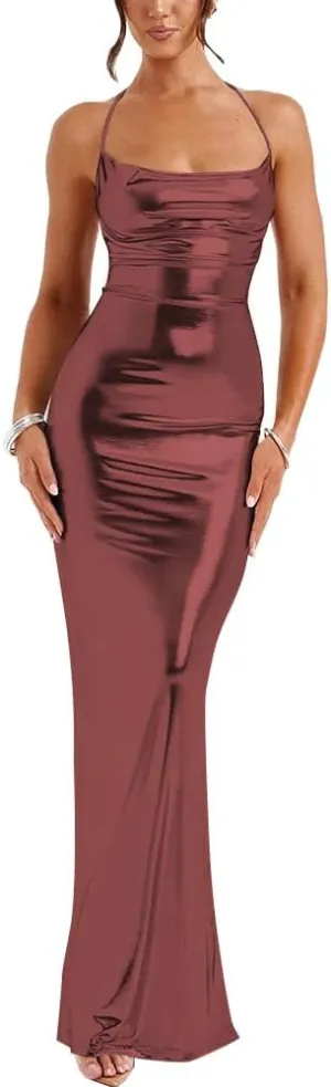 Slip Halter Maxi Dress Wrap HIPS Bodycon Ankle-Length Sleeveless Dress Shiny Metallic