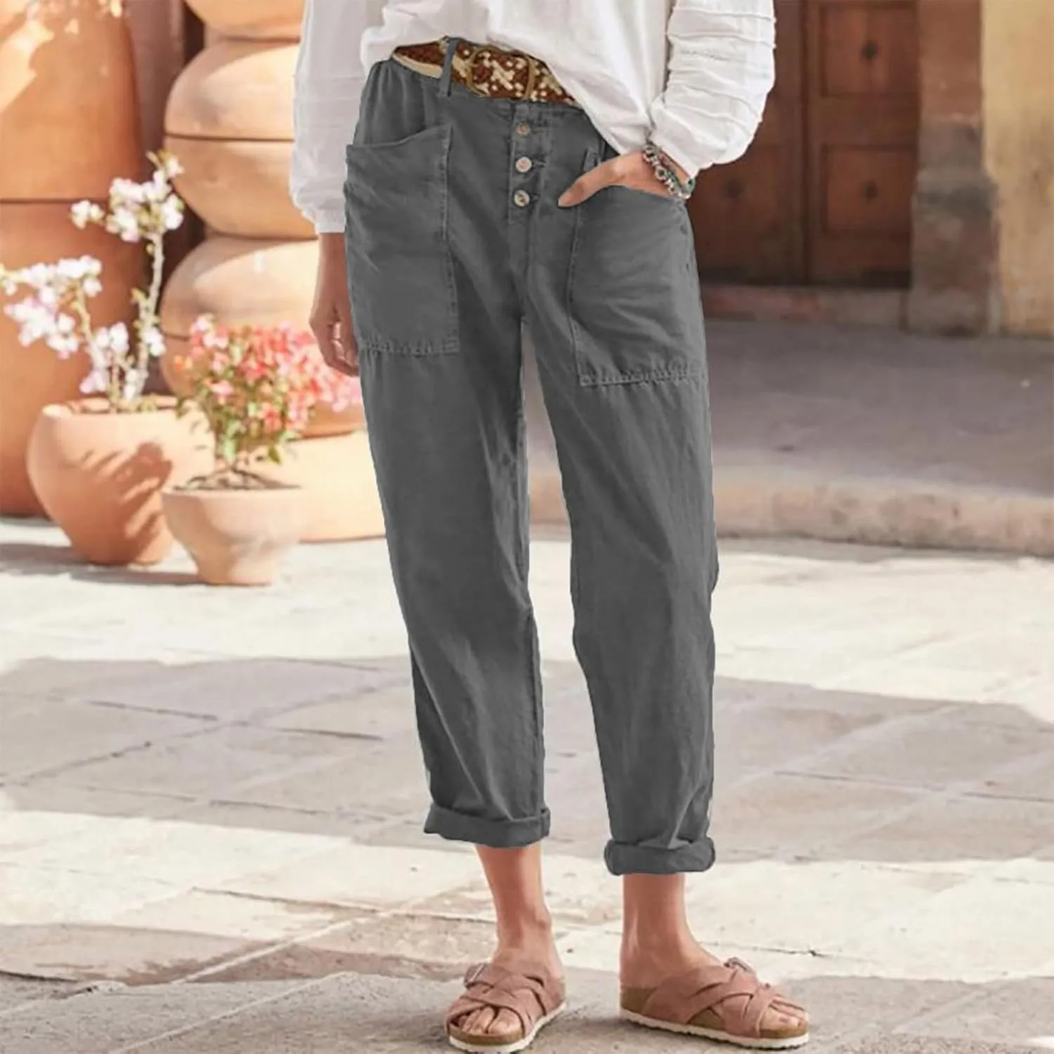 Straight Leg Linen Pants Women Business Casual Work Pants Plus Size High Waisted Dress Pants Ankle Summer Pants 2025