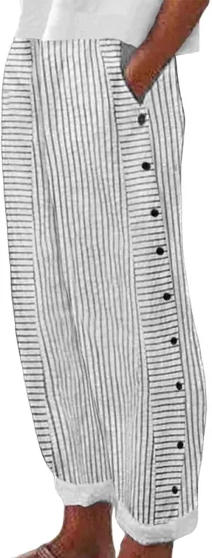 Striped Pants for Women Summer Trendy Side Button Elastic Waist Straight Leg Beach Casual Trousers with Pockets