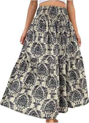 Summer Skirts for Women Boho Floral Print Smocked High Waist A Line Pleated Maxi Skirts Beach Vacation Flowy Long Skirt
