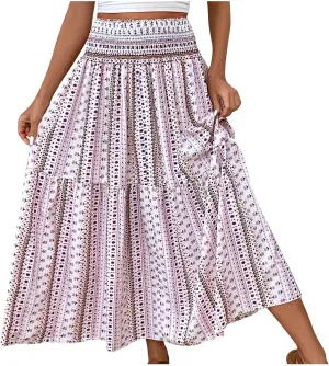 Summer Skirts for Women Boho Floral Print Smocked High Waist A Line Pleated Maxi Skirts Beach Vacation Flowy Long Skirt