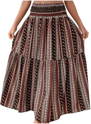 Summer Skirts for Women Boho Floral Print Smocked High Waist A Line Pleated Maxi Skirts Beach Vacation Flowy Long Skirt