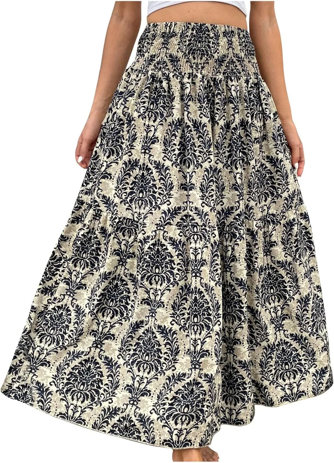 Summer Skirts for Women Boho Floral Print Smocked High Waist A Line Pleated Maxi Skirts Beach Vacation Flowy Long Skirt