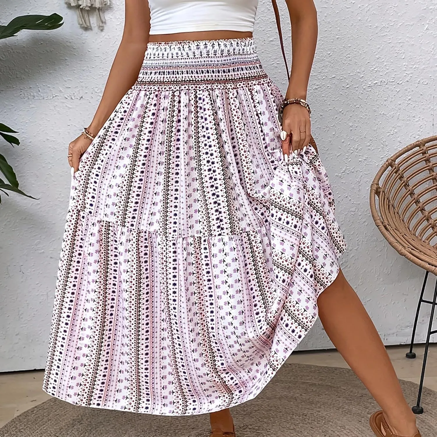 Summer Skirts for Women Boho Floral Print Smocked High Waist A Line Pleated Maxi Skirts Beach Vacation Flowy Long Skirt
