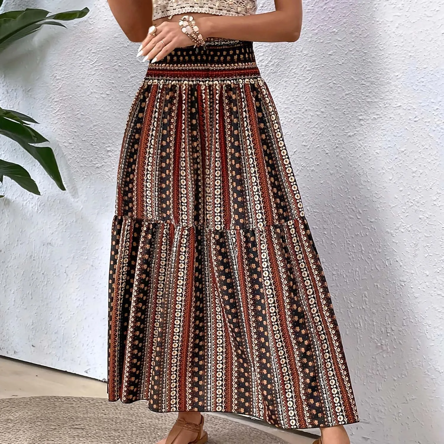 Summer Skirts for Women Boho Floral Print Smocked High Waist A Line Pleated Maxi Skirts Beach Vacation Flowy Long Skirt