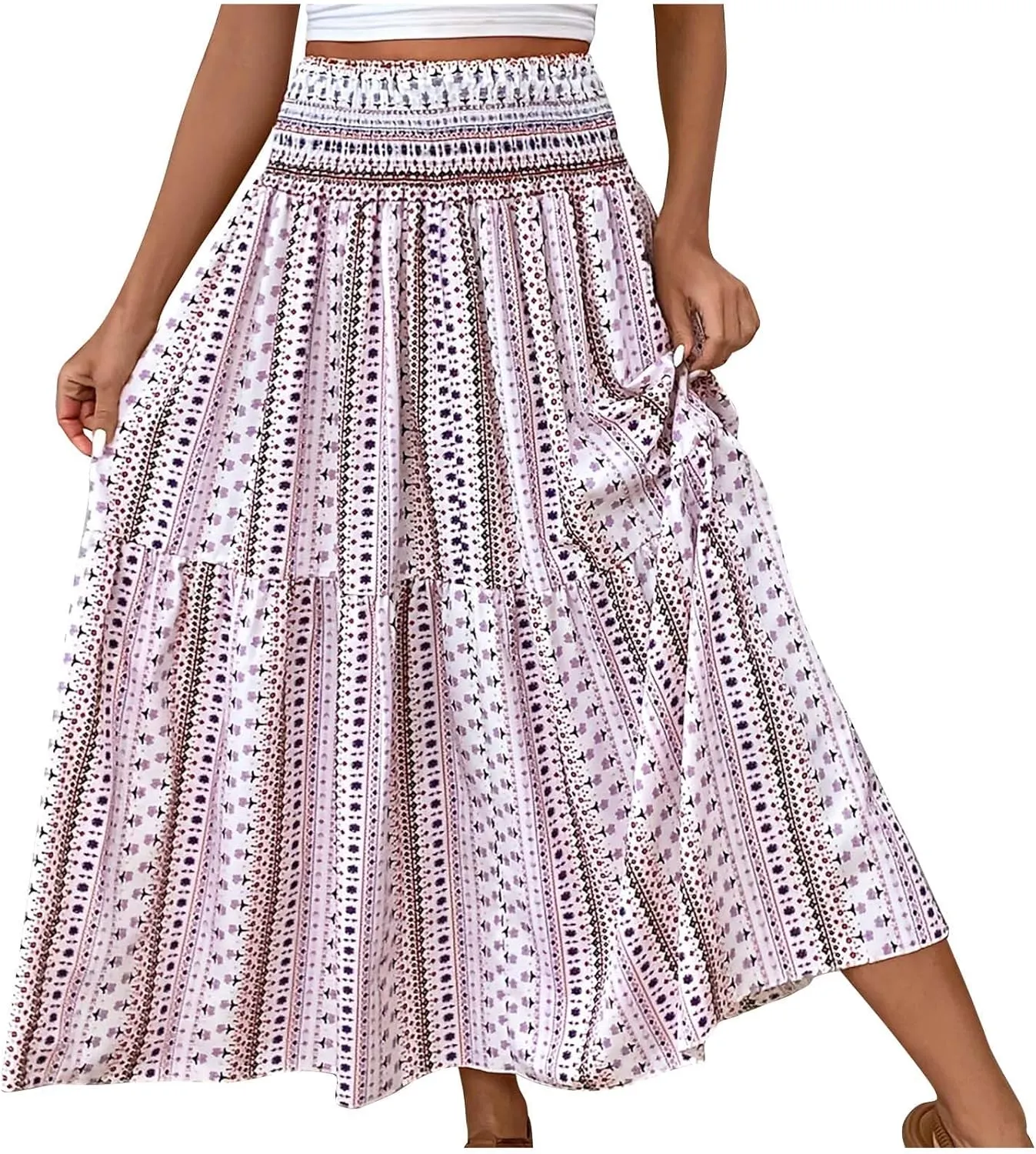 Summer Skirts for Women Boho Floral Print Smocked High Waist A Line Pleated Maxi Skirts Beach Vacation Flowy Long Skirt