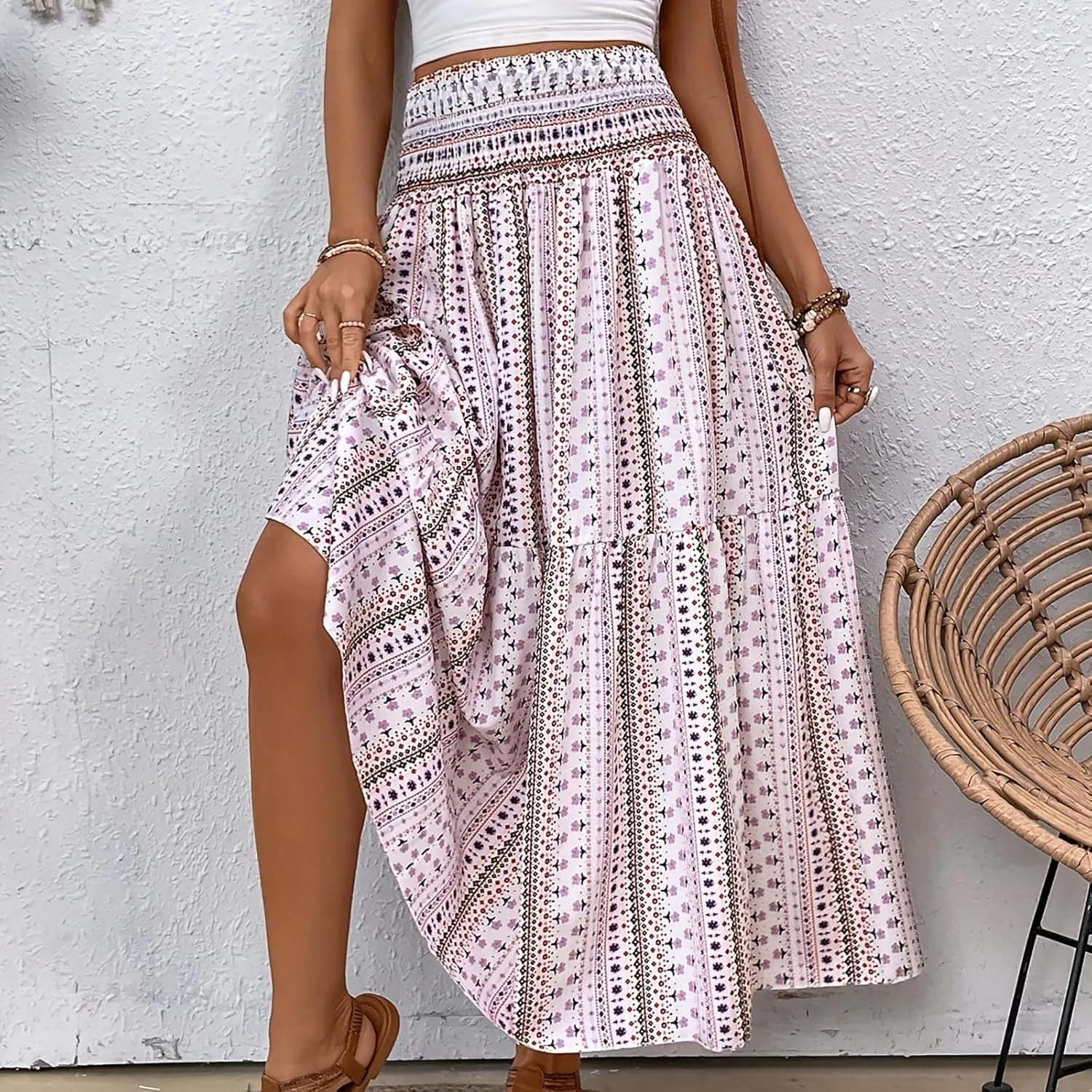Summer Skirts for Women Boho Floral Print Smocked High Waist A Line Pleated Maxi Skirts Beach Vacation Flowy Long Skirt