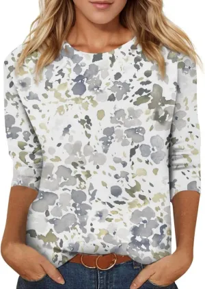 Summer Top for Women 2025 Casual Floral Boho Clothes Fashion Blouse Crew Neck 3/4 Sleeve Shirt Vintage Graphic Tees