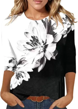 Summer Top for Women 2025 Casual Floral Boho Clothes Fashion Blouse Crew Neck 3/4 Sleeve Shirt Vintage Graphic Tees