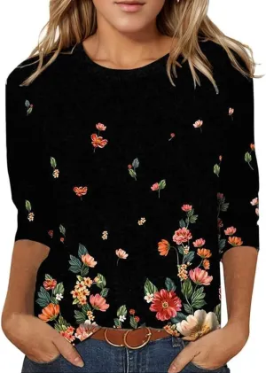Summer Top for Women 2025 Casual Floral Boho Clothes Fashion Blouse Crew Neck 3/4 Sleeve Shirt Vintage Graphic Tees