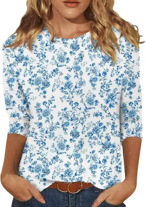 Summer Top for Women 2025 Casual Floral Boho Clothes Fashion Blouse Crew Neck 3/4 Sleeve Shirt Vintage Graphic Tees