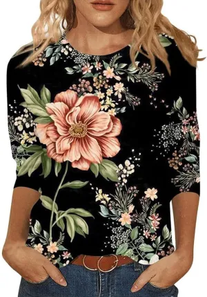 Summer Top for Women 2025 Casual Floral Boho Clothes Fashion Blouse Crew Neck 3/4 Sleeve Shirt Vintage Graphic Tees