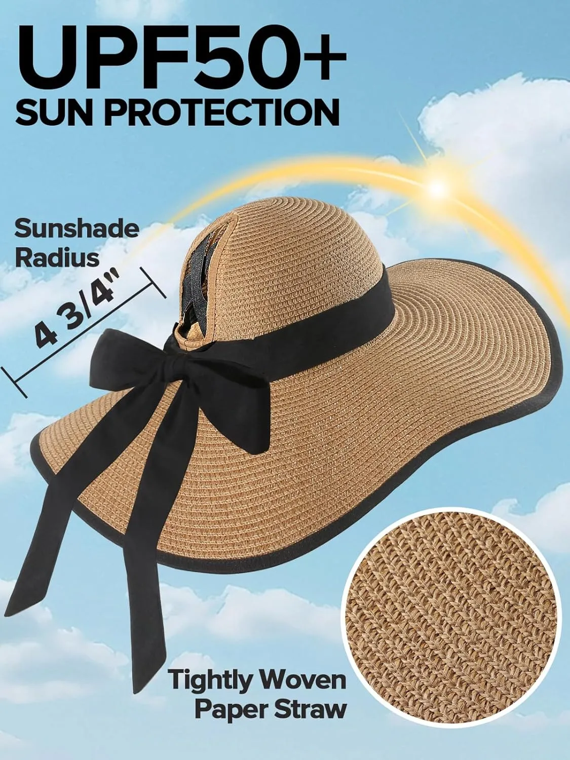 Sun Hats for Women with Ponytail Hole, Wide Brim Beach Hats for Women, Floppy Straw Hat Foldable, Packable Summer Hats Women