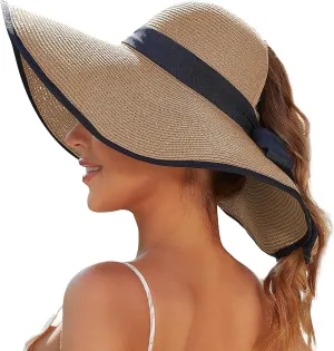 Sun Hats for Women with Ponytail Hole, Wide Brim Beach Hats for Women, Floppy Straw Hat Foldable, Packable Summer Hats Women