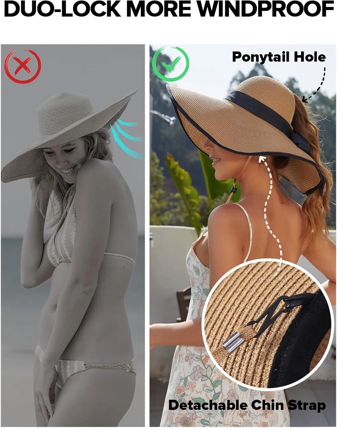 Sun Hats for Women with Ponytail Hole, Wide Brim Beach Hats for Women, Floppy Straw Hat Foldable, Packable Summer Hats Women