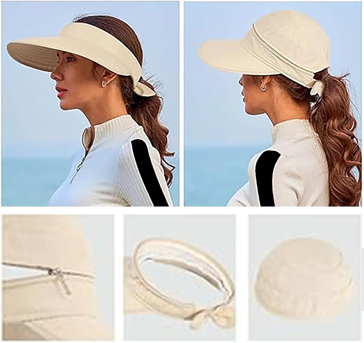 Sun Hats for Women with UV Protection Wide Brim Ponytail Visor Cap Summer Beach Outdoor Foldable Hat for Travel