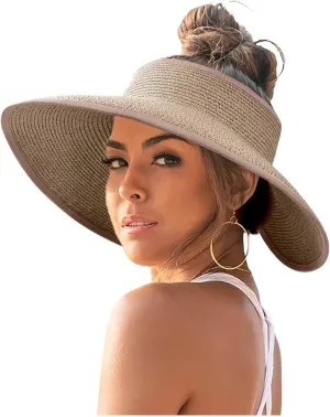 Sun Hats for Women Y2K Wide Brim Straw Visor Ponytail Beach Hat with Bowknot Summer Uv Packable Foldable Floppy Vacation Cap