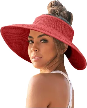 Sun Visor Hats for Women Wide Brim Straw Roll-Up Ponytail Summer Beach Hat UV UPF Packable Foldable Travel
