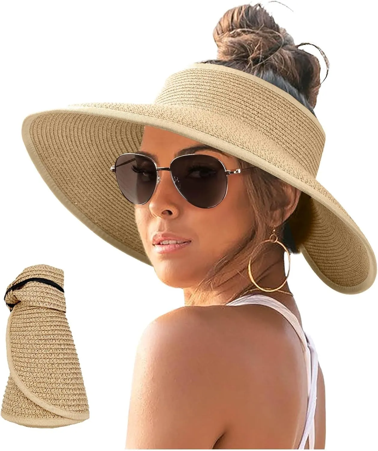 Sun Visor Hats for Women Wide Brim Straw Roll-Up Ponytail Summer Beach Hat UV UPF Packable Foldable Travel