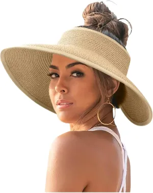 Sun Visor Hats for Women Wide Brim Straw Roll-Up Ponytail Summer Beach Hat UV UPF Packable Foldable Travel